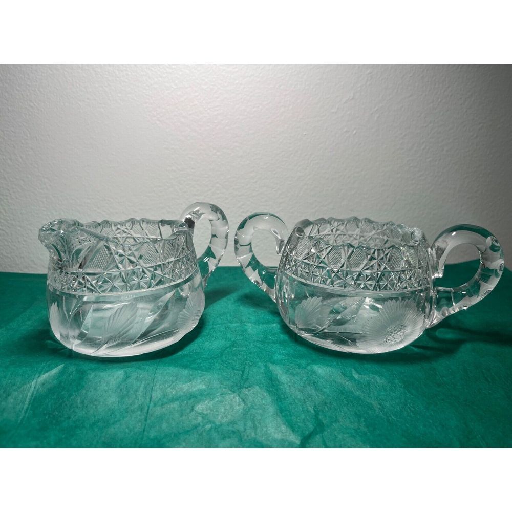 AMERICAN BRILLANT CUT GLASS SUGAR BOWL‎ & CREAMER WITH ETCHED FLOWERS